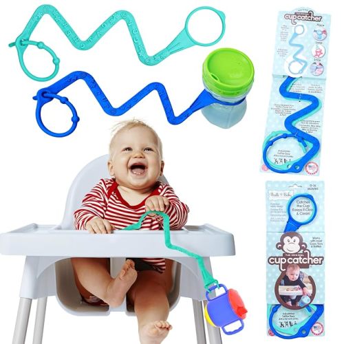 Brilli Baby Cup Catcher Patented Safety Tether Strap, Attach Sippy Cups, Bottles, Pacifiers & More to Stroller, High Chair, Car Seat, Made in USA, Food Grade, Dishwasher Safe, Aqua/Navy