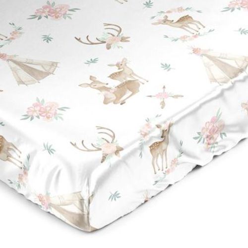 Sweet Jojo Designs Girl Satin Fitted Crib Sheet Deer Floral White Taupe and Pink