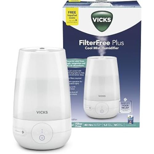 Vicks Filter-Free Plus Cool Mist Humidifier for Medium Rooms, 1.2 Gal Tank | Filter-free cool mist ultrasonic humidifier for baby, kids, and adult rooms, works with Vicks VapoPads, easy clean humidifier