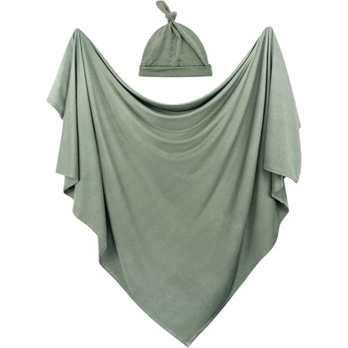 OWLOWLA Swaddle Blanket and Hat Set Newborn Swaddle Wrap Baby Receiving Blanket for Baby Boys Girls(Olive)