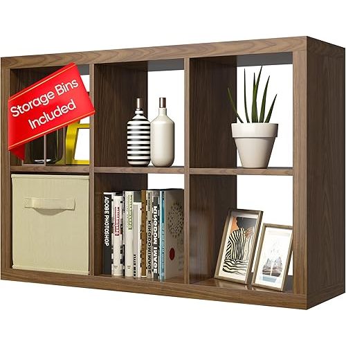 furtble Bookshelf with Storage Bin, 6-Cube Storage Organizer, Modern Wood Open Bookcase, Multifunctional Display Shelf for Living Room, Bedroom, Home Office, Classic Oak