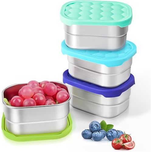 Tanjiae 4Pack 8oz Small (1 CUP) Stainless Steel Snack Containers for Kids | Reusable Easy Open Toddler Snack Containers with Silicone Lids | Stackable Toddler Lunch Box for Daycare, School and Travel