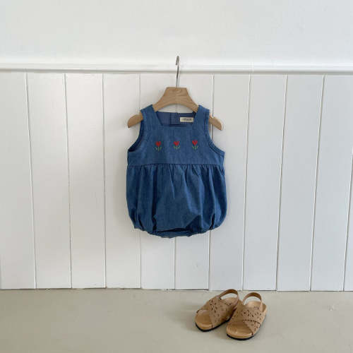 Baby Milk SP26 Tulip Embroidery Sleeveless Bubble Denim Romper (3-18m) - Blue