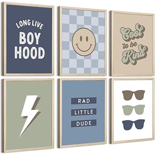 Boy Nursery Wall Art Decor Toddler Baby Boy Room Canvas Pictures Blue Cool Nursery Poster Teen Playroom Prints Long Live Boyhood Artwork for Kids Bedroom 8x10 Inch Wood Framed Set of 6