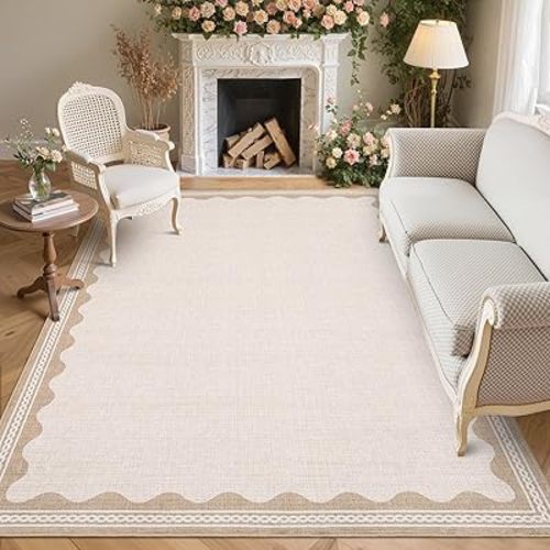 Scalloped Washable Rugs 5x7 Rug for Living Room, 5 x 7 Rug Solid Beige Modern Low-Pile Carpet for Bedroom Dining Nursery Non Slip Mat with Rubber Back