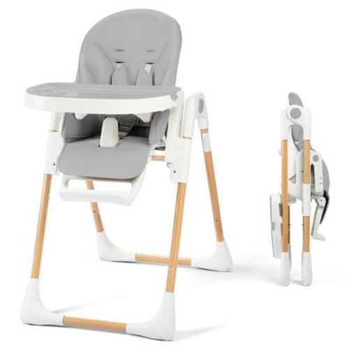 Kinder King Foldable High Chair for Baby, Toddler Feeding Chair with Detachable Double Trays, Light Gray