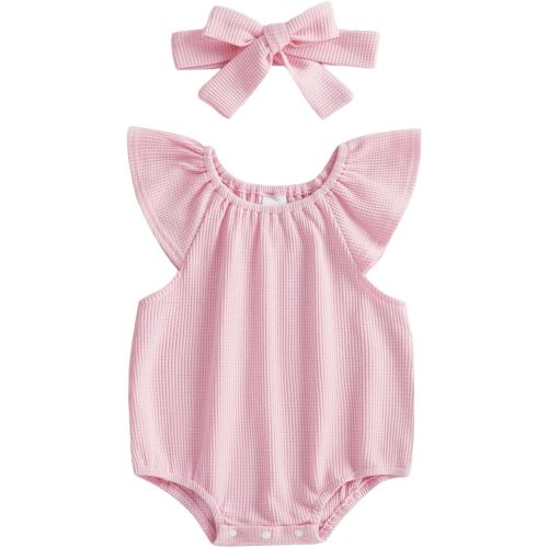 Summer Outfit Newborn Baby Girl Short Sleeve Romper Waffle Solid Ruffle Bodysuit Jumpsuit Headband Clothes Set