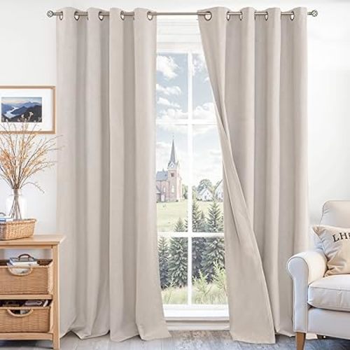 BGment Blackout Curtains for Living Room 90 Inch Long - Linen Textured Thermal Insulated Total Sun Blocking Bronze Grommet Window Drapes for Farmhouse, 2 Panels, 52 x 90 Inch, Natural Beige