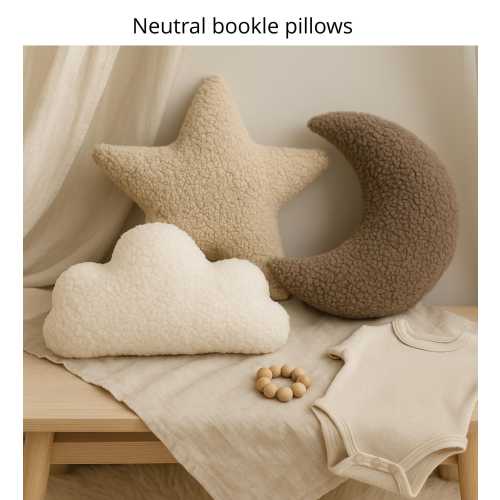 Plush Bouclé Teddy Cushion | Cream & Taupe Nursery Decor | Small Crescent Moon / Cloud / Star Pillow | Gender Neutral Baby Gift