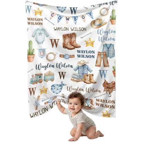 Western Baby Blanket for Boys, Personalized Name Baby Cowboy Blankets for Son, Super Soft Fleece Blanket for Newborn Infant, Lightweight Bed Throw Nursery Blanket, Blue Theme