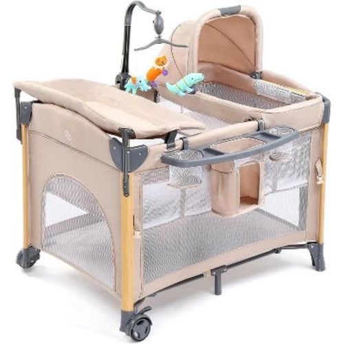 JOYMOR 7 in 1 Bedside Bassinet with Changing Table, All in One Nursery Center, Bedside Sleeper with Mattress, Sheet, Canopy, Storage Shelf (Beige)