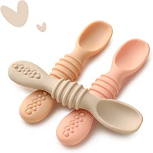 Jocate Silicone Baby Spoons for Baby Led Weaning 3 Pack, First Stage Toddler Utensils for Baby Feeding, Food Grade Soft Silicone Spoon Set for Self Feeding (Pink)