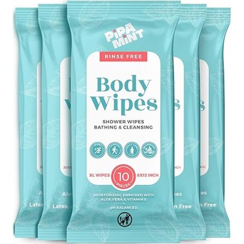 Body Wipes XL Shower Wipes Body Wipe for Adults Bathing, Traveling, Camping, Gym, Car, Elderly, Bedridden - Disposable Washcloths for Adults No Rinse 1 Box, 5 Pack (50 ct)