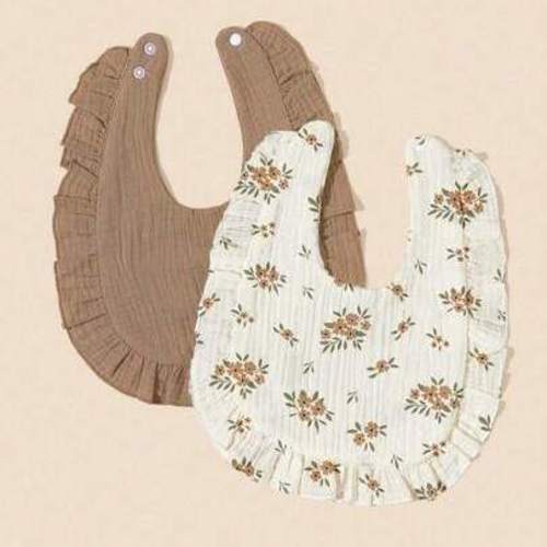 2pcs Soft & Comfortable Cotton Baby Bibs, Strawberry & Fruit Print, Cartoon Bear Head Design, Ruffled Edge, Suitable For All Seasons, Essential For Newborns | SHEIN USA