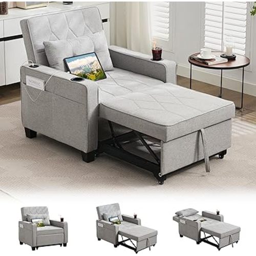 TYBOATLE Convertible Sleeper Chair Bed for Adults, 3-in-1 Pull Out Sofa Chair Bed with USB/Type-C Ports, Cup Holders, Side Pockets, Single Sofa for Living Room, Bedroom, Small Space (Grey)