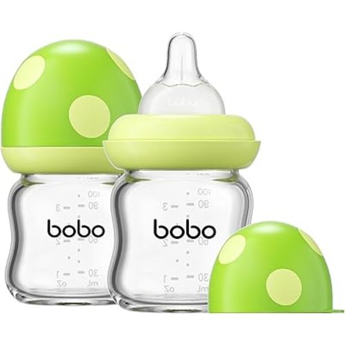 YOHKOH Natural Glass Baby Bottle with Level 1 Slow Flow Nipple, Newborn Anti-Colic Baby Bottles, Wide Neck Mushroom Baby Glass Bottle (Green, 3.4oz (Pack of 2))
