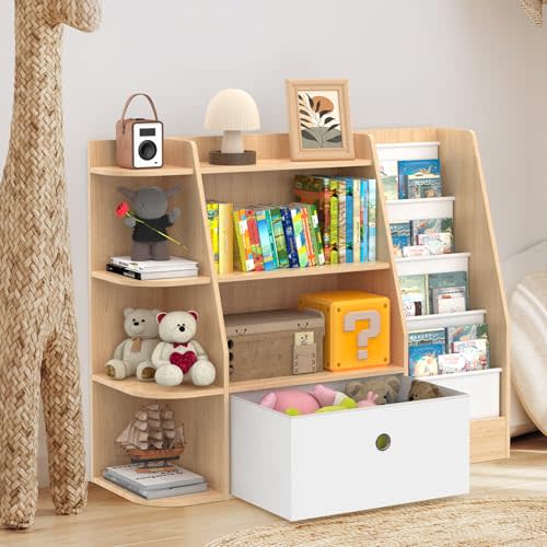 SANXUO Kids Bookshelf and Toy Storage,4 Tier Wooden Kids Book Shelf,Large Childrens Bookshelf with Drawers,Open Bookcase & Storage Organizer Boxes for Nursery,Playroom, Bedroom,Burlywood