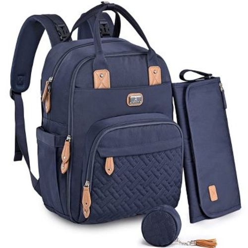 Dikaslon Diaper Bag Backpack with Portable Changing Pad, Pacifier Case and Stroller Straps, Navy Blue