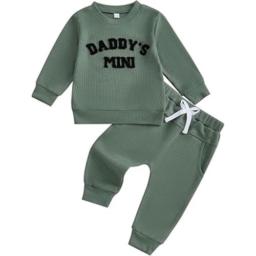 Kupretty Toddler Baby Boy Fall Winter Clothes Embroidery Waffle Knit Sweatshirt Pullover Tops + Casual Pants Outfit Set