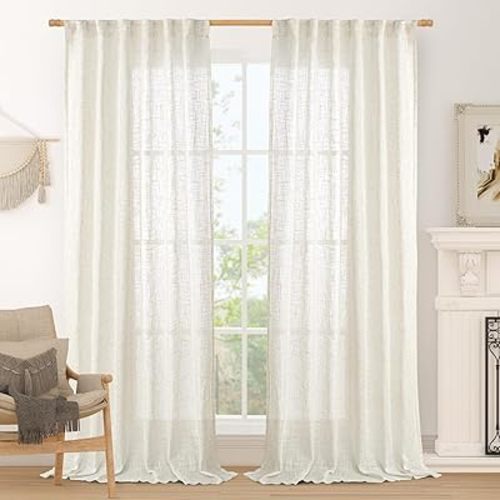 LAMIT Cream Linen Curtains 84 inch Length 2 Panels, Light Filtering Semi Sheer Panels Back Tab and Rod Pocket Neutral Boho Drapes for Bedroom/Living Room, 52 x 84 Inch