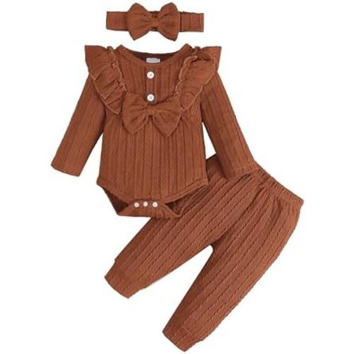 SUNNY PIGGY Baby Girl Clothes Newborn Infant Romper Ruffle Baby Girl's Outfit Knit Texture Fall Winter Clothing Pants Set