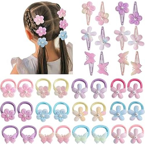 BQUBO 36 Pcs Toddler Hair Ties Clips for Girls Cute Hair Accessories Baby Flower Butterfly Ties Clips Colorful Snap Hairpins Rubber Bands for Baby Toddler Girls Kids