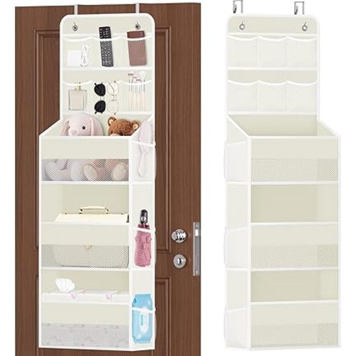5-Tier Over The Door Organizer with Mesh Pockets, Baby Nursery Storage for Closet, Bathroom and Bedroom, Adjustable Hanging Closet Organizer for Cosmetics, Books and Essentials（Beige）