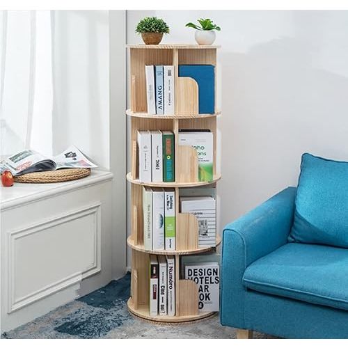 Heehee Rotating Wooden Bookshelf 360 Display 4 Tier Floor Standing Bookcase Storage Rack for Kids&Adults Solid Wood Bookshelf Organizer