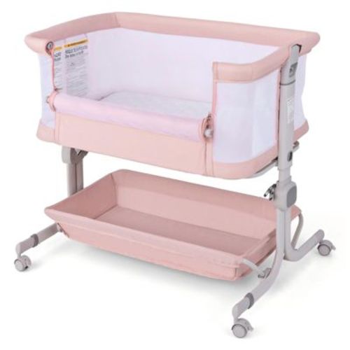 Baby Bedside Bassinet 6-Height Bedside Sleeper for Newborn with Bed Straps Folding Frame and Travel Bag, Pink