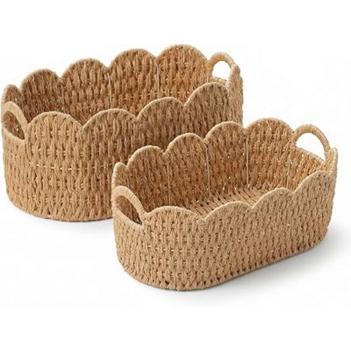 Scalloped Woven Storage Basket Set of 2 – Handwoven Paper Rope Organizer Bins with Handles for Shelves, Towels, Toys, Laundry & Nursery Storage – Decorative Boho Farmhouse Basket Set