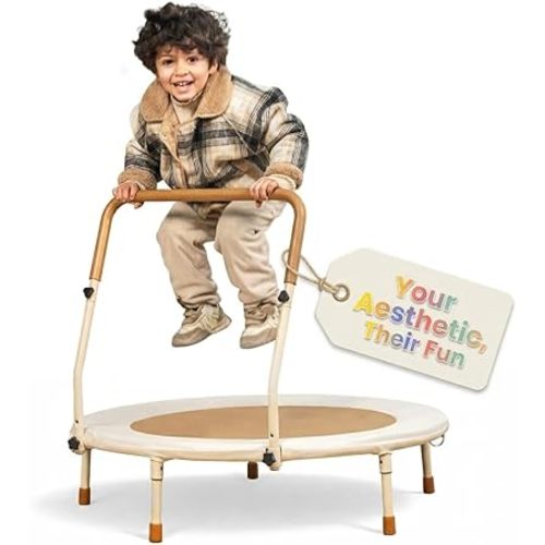Kids Trampoline Ages 1-7 | 36 Inch Indoor Toddler Trampoline with Handle, Aesthetic Leather Padded Jump Mat & No Exposed Springs | Foldable Legs with Anti-Slip Feet for Toddlers & Young Children