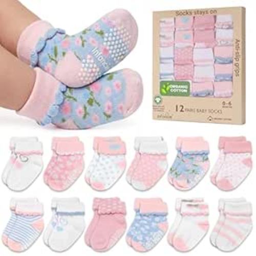 Organic Cotton GOTS Certified Baby Socks For Girls 12 Pairs – Soft And Comfortable Baby Girl Socks 0-6 Months, Adorable Sock Shoes For Baby Girl, Gift For Newborns