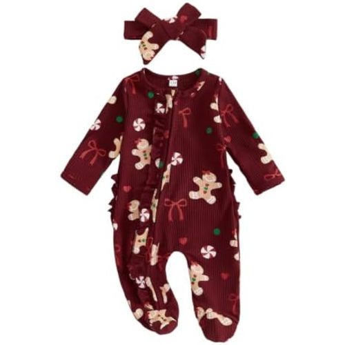 Baby Girl Christmas Outfit Gingerbread Footie Zipper Jumpsuit