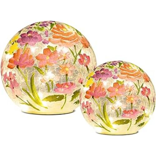 BERSCAH Glass Ball Light Crackle LED Night Light Flower Grass Pattern Globe Glass Table Lamp, Orb Cardinal Night Light for Outdoor Decorations Pathway Patio Yard Lawn Bedroom - 2 Pack