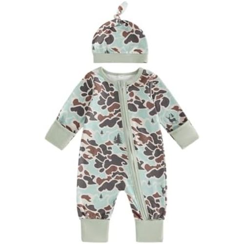 Kupretty Baby Boy Coming Home Outfit Newborn Clothes Long Sleeve Camouflage Zipper Footie Romper + Hat Going Home Outfit Set