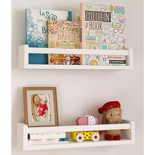 Nursery Floating Shelves, White Nursery Book Shelves for Wall, 16 inch Wall Bookshelf for Kids Solid Wood Wall Mounted Shelves for Books,Toys and Decor Storage, Set of 2