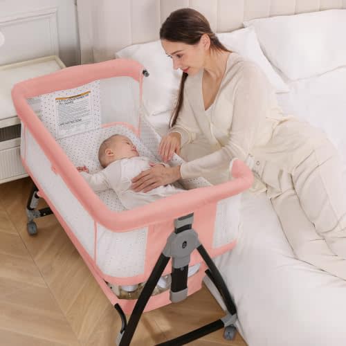 Baby Bassinet, 3-in-1 Bedside Bassinets for Baby, Bassinet Bedside Sleeper with Wheels, Baby Bassinet Bedside Crib with Breathable Mesh, Mosquito Net, 6 Height Adjustable, Easy Assemble & Folding