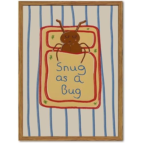 Framed Snug as a Bug Wall Art, Nursery Funny Bug Sleeping Wall Decor Paintings, Blue Striped Cute Insect Pictures Canvas Prints for Living Room Boy Girl Baby Kids Room 12x16 inch
