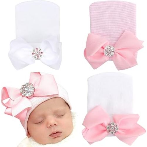 AQOKKA Newborn Baby Girl Hats with Bow No Scratch Cotton Toddler Infant Beanie Caps Soft Newborn Hospital Hat 0-3 Months