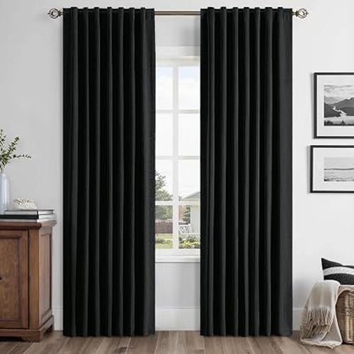 MIULEE 100% Blackout Linen Curtains for Bedroom, Black Solid Luxury Decor Thermal Insulation Room Darkening Drapes for Living Room Back Tab Rod Pocket 42 x 63 Inches, 2 Panels