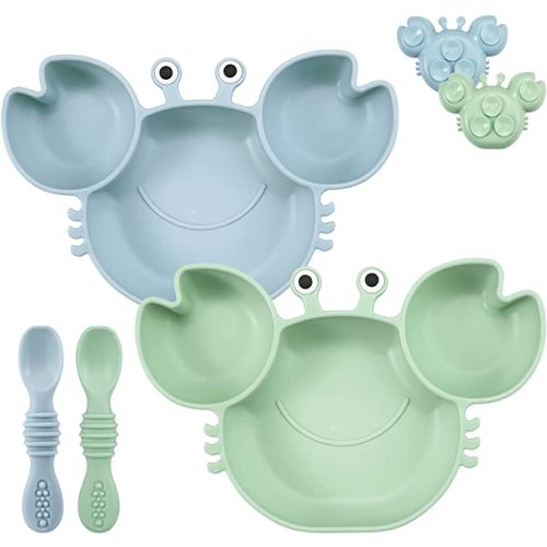 PandaEar 2 Pack Silicone Suction Plate for Baby, Divided Unbreakable Toddler Food Plate with 2 Pack Spoons for Self Feeding, Toddler Utensils Feeding Set Baby Eating Supplies, Crab Shape -Blue&Green