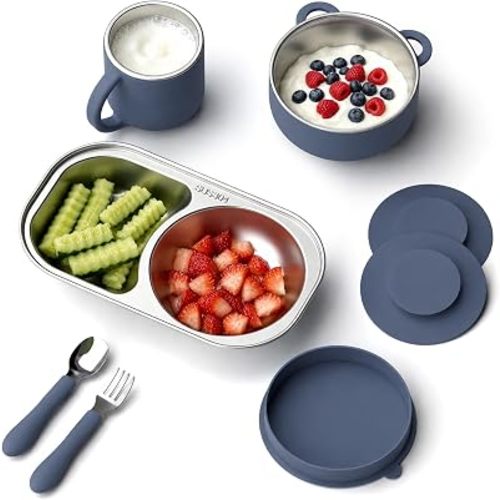 Bakpoco Stainless Steel Toddler Plates and Bowls Feeding Set, Navy