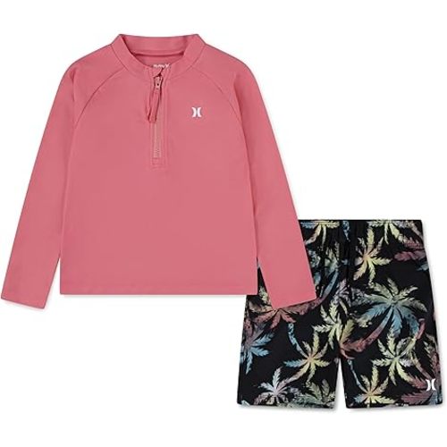 Hurley Unisex Kids Baby and Toddler Boys' Long Sleeve Rash Guard Swim Suit 2-piece Outfit Set