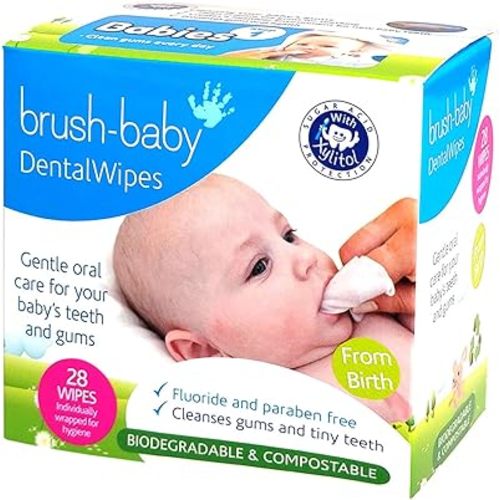 Brush Baby Teething Relief Dental Wipes for Ages 0-Toddler - Naturally Eliminate Teething Pain, Prevent Tooth Decay and Sour Milk Breath - 28 Finger Wipes