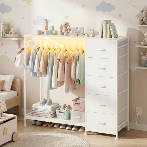 Advwin Dresser with Hanging Rack Fabric Chest of Drawers with Clothes Rail LED Lights Charging Station White
