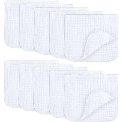Comfy Cubs Muslin Burp Cloths 20" x 10", Pack of 10 - Large, 6-Layer, Ultra Absorbent 100% Cotton for Baby Drool and Messes - Soft, Safe & Gentle Baby Burp Cloths for Boys & Girls - White
