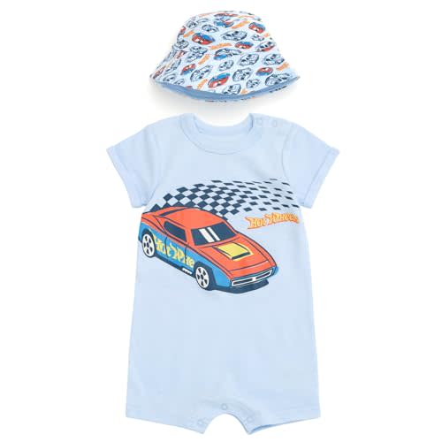Hot Wheels Romper and Bucket Sun Hat Outfit Set Newborn to Toddler Sizes (Newborn - 4T)
