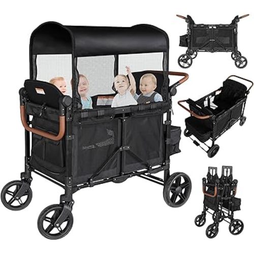 4-Seater Wagon Stroller for 4 Kids, Collapsible Push-Pull Stroller with Adjustable Handle, Removable Canopy & Safety Harness, 330LBS Capacity, All-Terrain for Camping & Outdoor Adventures