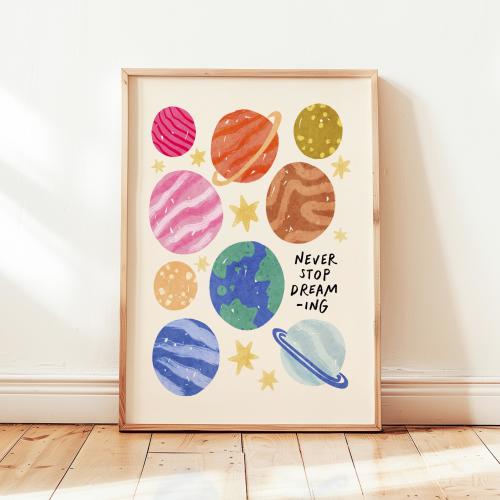 Never Stop Dreaming Print, Colorful Planets Kids Playroom Poster, Nursery Wall Decor, UNFRAMED
