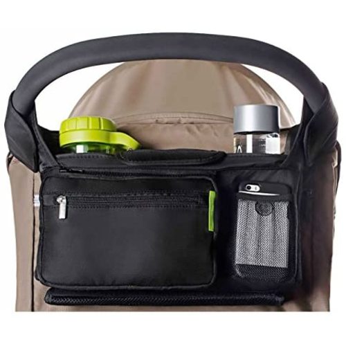 Ethan & Emma Universal Baby Stroller Organizer with Insulated Cup Holders for Smart Moms. Diaper Storage, Secure Straps, Detachable Bag, Pockets for Phone, Keys, Toys. Compact Design Fit All Strollers - Black